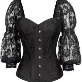 Black Lace Steel Boned Long Sleeves Corset