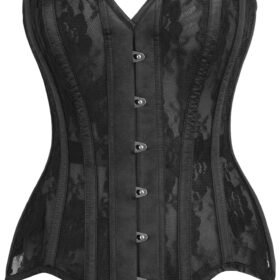 Black Satin Steel Boned Overbust Corset With Black Lace Overlay