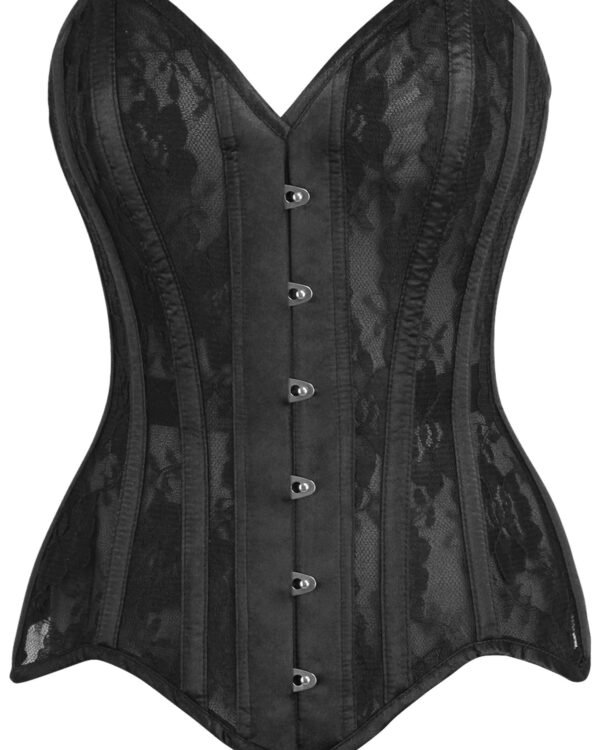 Black Satin Steel Boned Overbust Corset With Black Lace Overlay