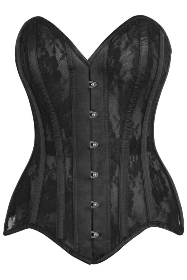 Black Satin Steel Boned Overbust Corset With Black Lace Overlay