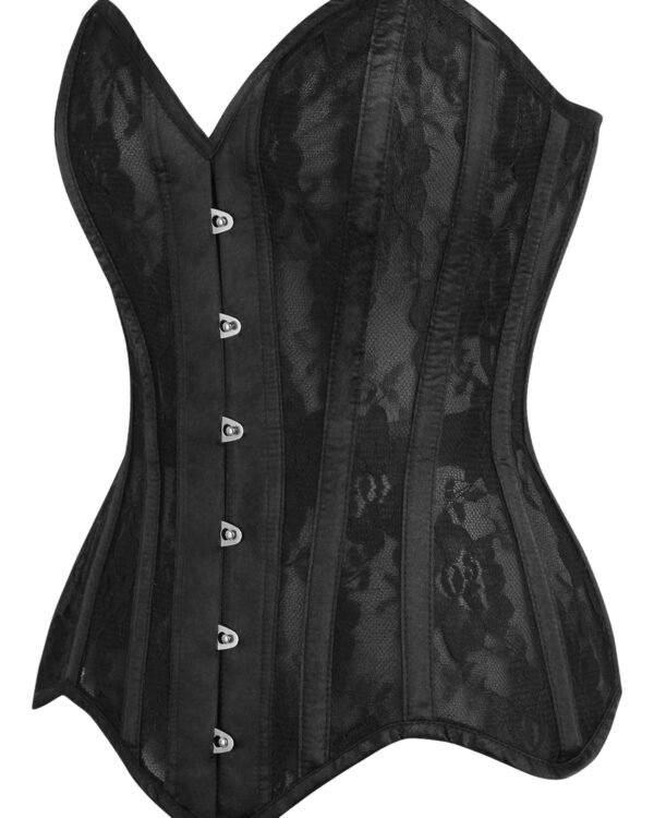 Black Satin Steel Boned Overbust Corset With Black Lace Overlay