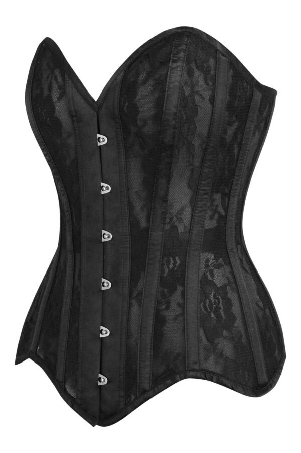 Black Satin Steel Boned Overbust Corset With Black Lace Overlay