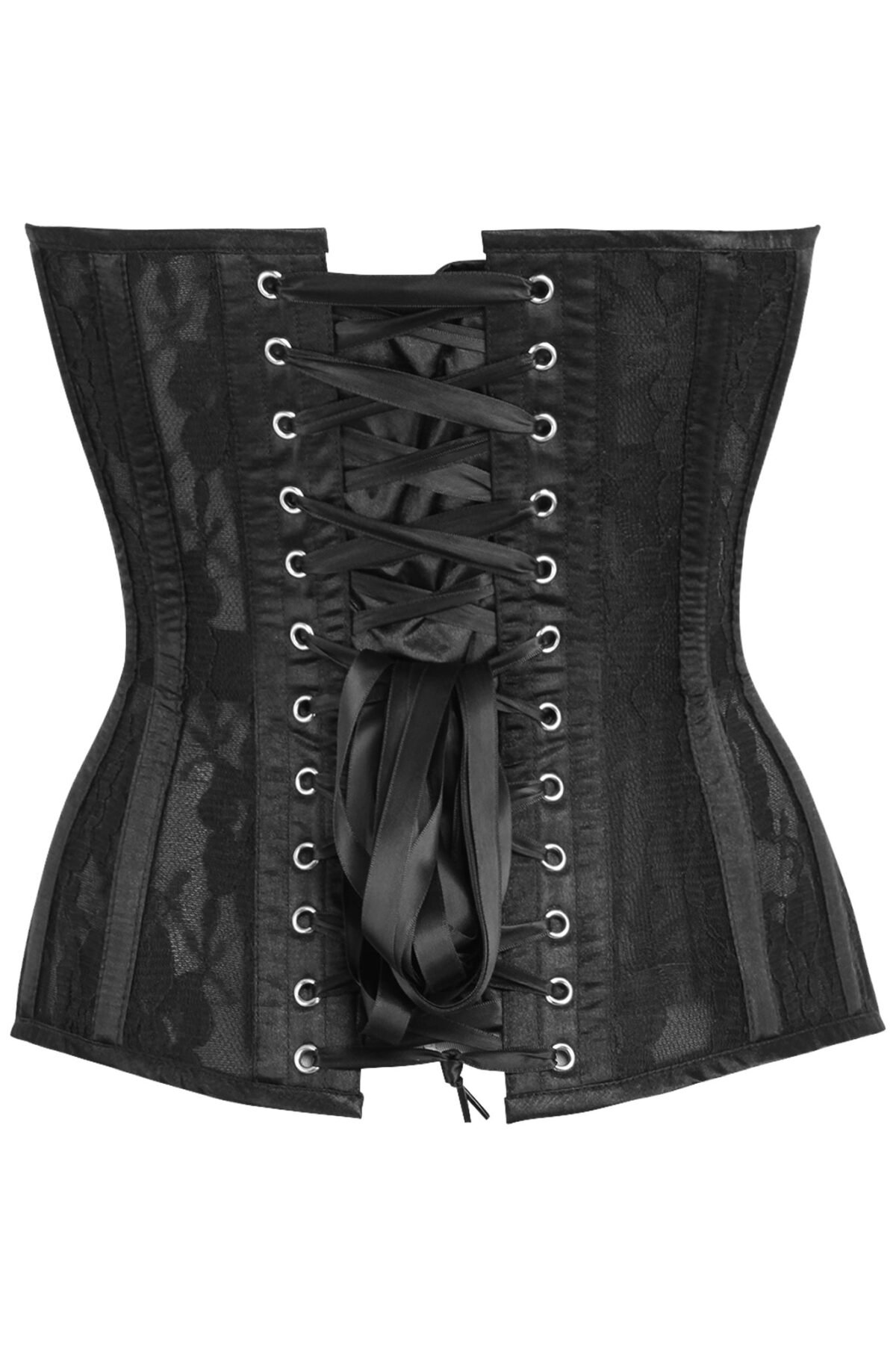 Black Satin Steel Boned Overbust Corset With Black Lace Overlay