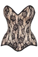 Nude Satin Steel Boned Overbust Corset With Black Lace Overlay