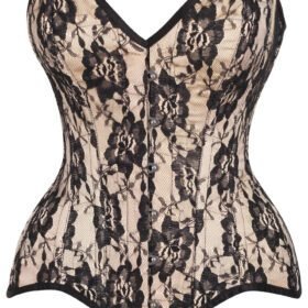 Nude Satin Steel Boned Overbust Corset With Black Lace Overlay