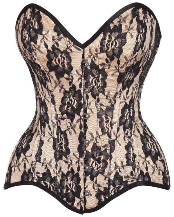 Nude Satin Steel Boned Overbust Corset With Black Lace Overlay
