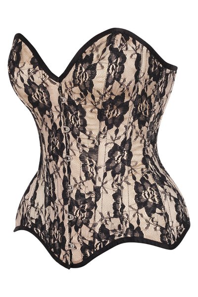 Nude Satin Steel Boned Overbust Corset With Black Lace Overlay