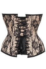 Nude Satin Steel Boned Overbust Corset With Black Lace Overlay