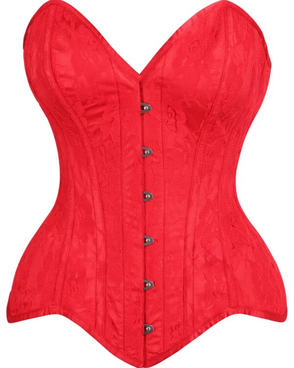 Hot Red Mesh Net Steel Boned Overbust Corset With Lace Overlay