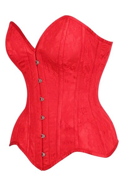 Hot Red Mesh Net Steel Boned Overbust Corset With Lace Overlay