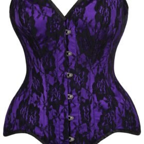 Purple Satin Steel Boned Overbust Corset With Black Lace Overlay