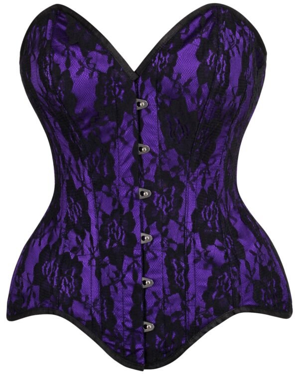 Purple Satin Steel Boned Overbust Corset With Black Lace Overlay
