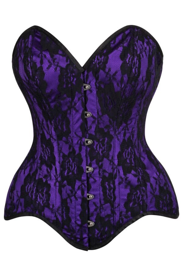 Purple Satin Steel Boned Overbust Corset With Black Lace Overlay