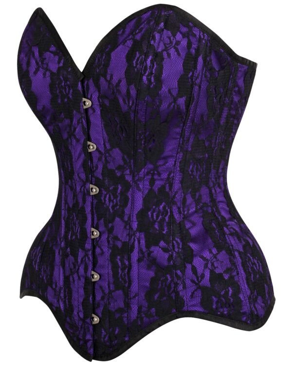 Purple Satin Steel Boned Overbust Corset With Black Lace Overlay