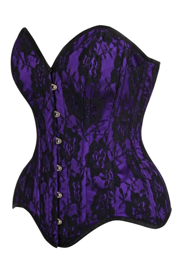 Purple Satin Steel Boned Overbust Corset With Black Lace Overlay