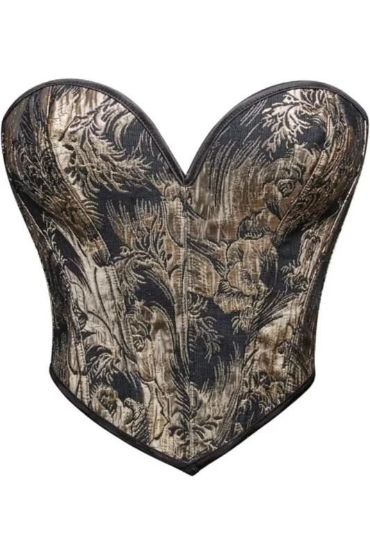 Black Floral Jacquard Steel Boned Overbust CorsetTop curvycorset.com