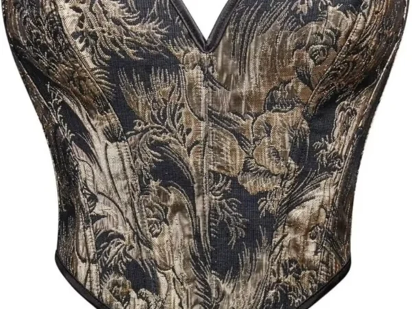Black Floral Jacquard Steel Boned Overbust CorsetTop curvycorset.com