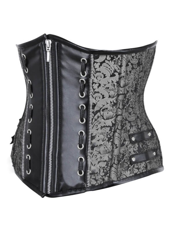 Open Bust Corset With Silver Brocade and Leather