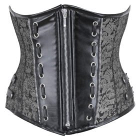 Open Bust Corset With Silver Brocade and Leather
