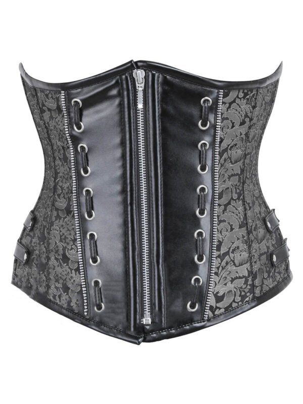 Open Bust Corset With Silver Brocade and Leather