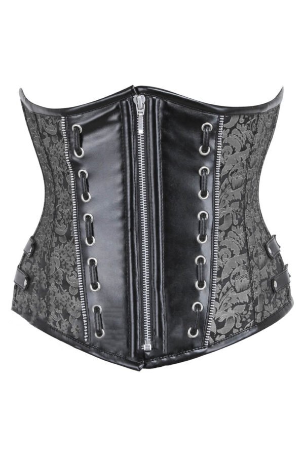 Open Bust Corset With Silver Brocade and Leather