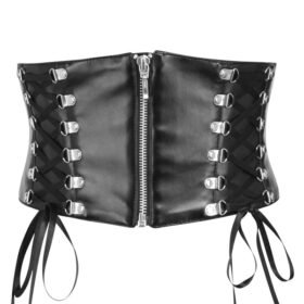 Underbust Black Leather Corset Belt With Lacing Details