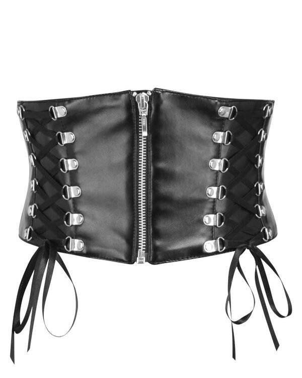 Underbust Black Leather Corset Belt With Lacing Details