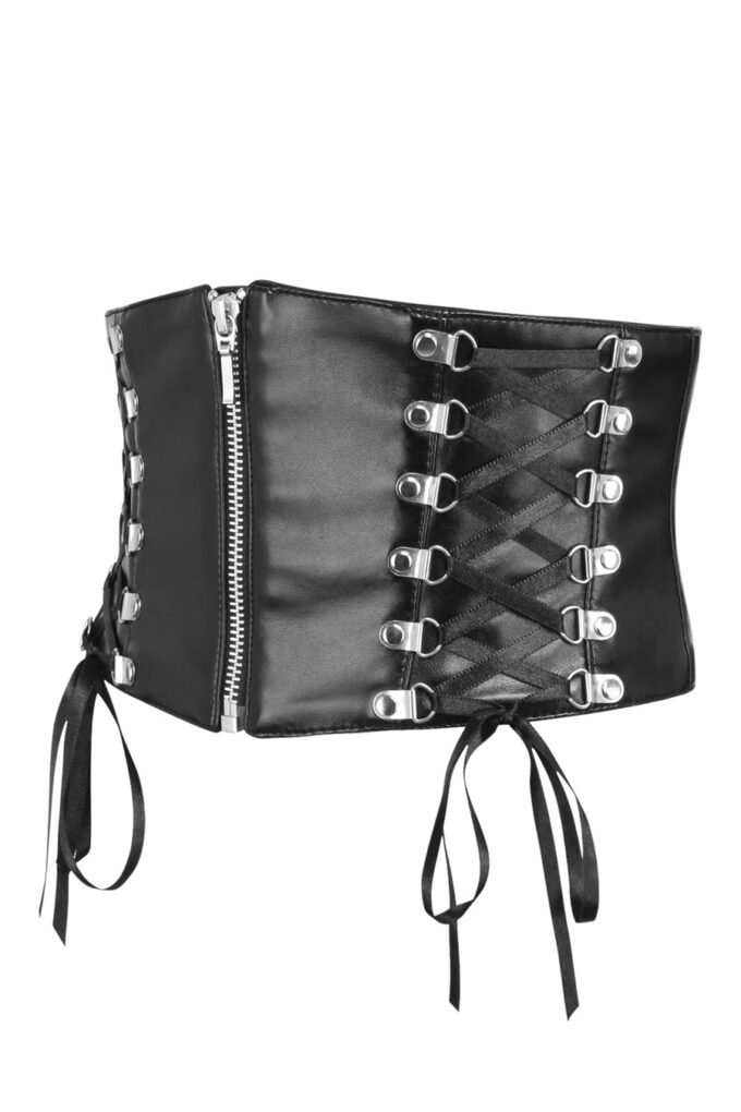 Underbust Black Leather Corset Belt With Lacing Details