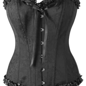 Black Brocade Sweetheart Steel Boned Corset With Ruffle curvycorset.com