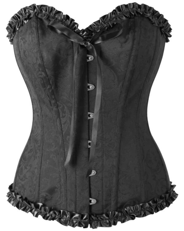 Black Brocade Sweetheart Steel Boned Corset With Ruffle curvycorset.com