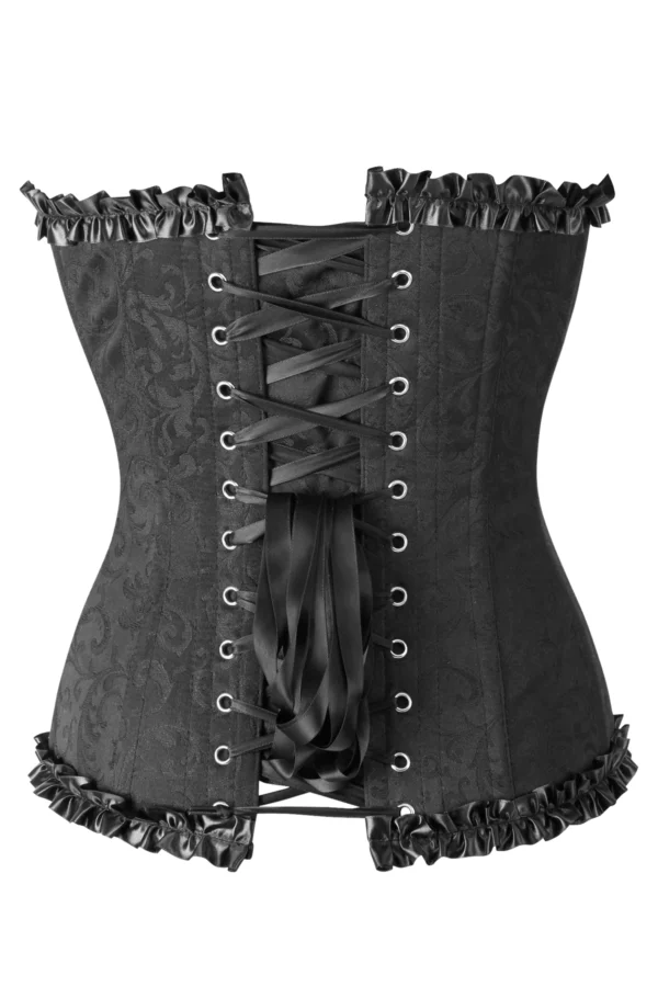 Black Brocade Sweetheart Steel Boned Corset With Ruffle curvycorset.com