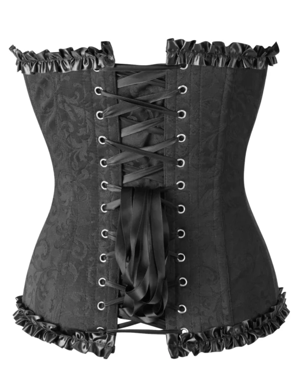 Black Brocade Sweetheart Steel Boned Corset With Ruffle curvycorset.com