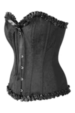Black Brocade Sweetheart Steel Boned Corset With Ruffle curvycorset.com