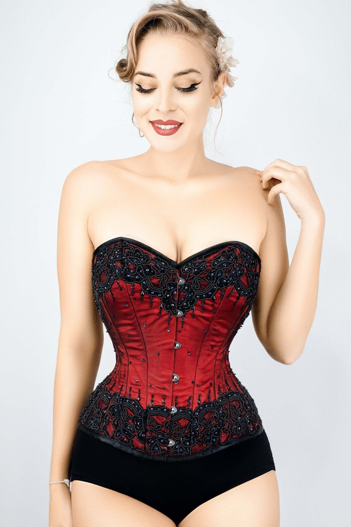 Black Cotton Twill Classic Steel Boned Waist Trainer Hip Gores