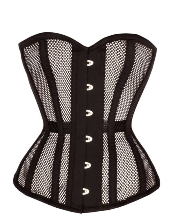 Gothic Black Mesh Steel Boned Waist Taming Overbust Corset curvycorset.com