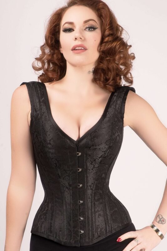 Black Cotton Twill Classic Steel Boned Waist Trainer Hip Gores