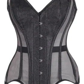 Gothic Sheer Mesh Corset Shimmer Black Lace Up Waist Cincher curvycorset.com