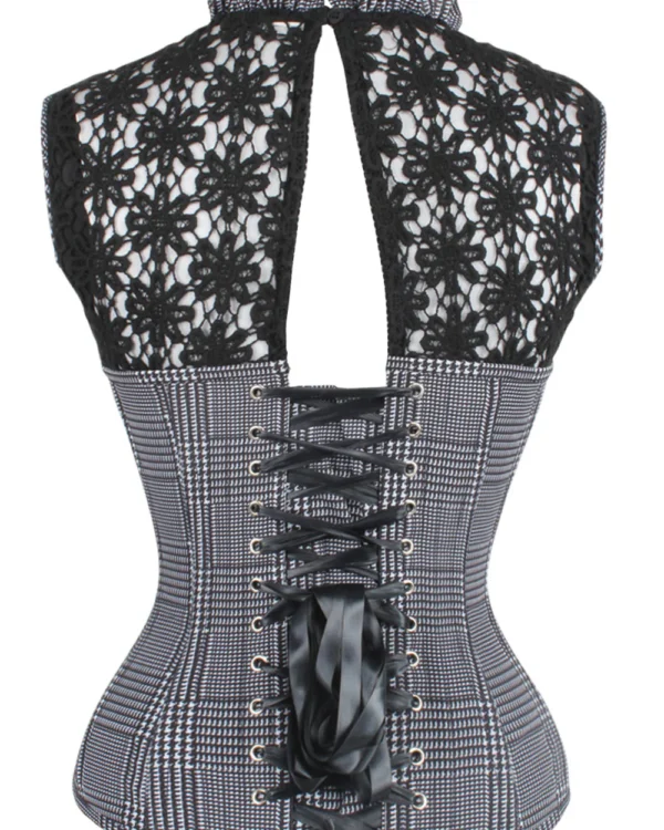 Black and White Gothic Overbust Corset with Guipure Lace Top curvycorset.com