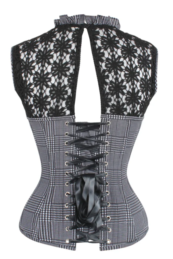 Black and White Gothic Overbust Corset with Guipure Lace Top curvycorset.com