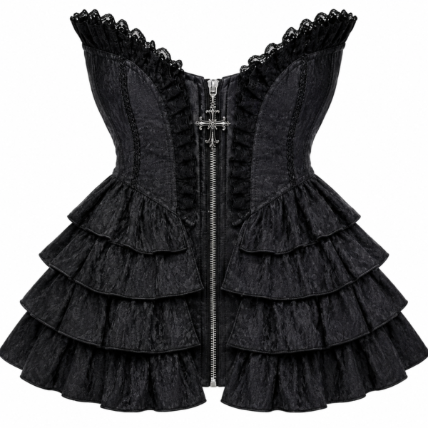 Black Gothic Cross Zip Overbust Corset curvycorset.com