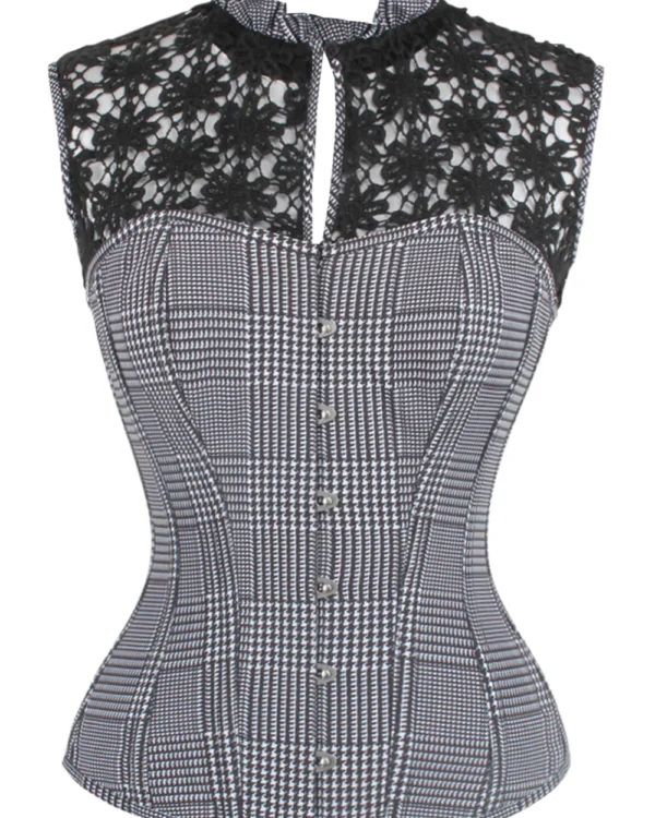 Black and White Gothic Overbust Corset with Guipure Lace Top curvycorset.com