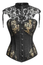 Black Cotton Overbust Corset with Shoulders and Collar: Shape Your Elegant Silhouette Discover the timeless sophistication of our Black Cotton Overbust Corset, designed to deliver a 5cm waist reduction for a refined hourglass figure. This regular-length overbust corset features ribbon lacing, a steel busk, and unique shoulders and collar details, blending classic corsetry with modern elegance. Crafted from 100% cotton with an 85% polyester, 15% cotton twill lining, this corset is perfect for waist training, special occasions, or bold fashion statements, offering breathability and comfort in a striking black hue. Why Choose Our Black Overbust Corset? This black corset combines intricate design with practical functionality, making it ideal for gothic, vintage, or formal looks. The fully adjustable criss-cross ribbon lacing, strong waist tape, and lightweight steel bones ensure a tailored fit and lasting durability. With 6 suspender loops and 4 bra loops, plus the added shoulders and collar, this corset offers unmatched versatility and support, perfect for creating a polished, feminine ensemble. Key Features for Style and Comfort Breathable Cotton Construction Made from 100% cotton, this corset offers a soft, breathable exterior with a sleek black finish that exudes elegance. The natural fabric is gentle on the skin, while the 85% polyester, 15% cotton twill lining enhances comfort and durability, making it ideal for extended wear during events, cosplay, or daily styling. Unique Shoulders and Collar Design The shoulders and collar add a distinctive, regal touch, providing extra coverage and support while enhancing the corset’s vintage-inspired aesthetic. This feature makes it perfect for gothic fashion, steampunk outfits, or bridal wear, offering a structured yet comfortable fit. Gentle Waist Cinching Achieve a 5cm waist reduction with the support of 10 x 4mm lightweight spiral steel bones and 4 x 7mm lightweight flat steel bones. These bones provide a balance of flexibility and structure, gently sculpting your waist into a flattering hourglass shape. The strong waist tape reinforces the corset, ensuring durability through regular use. Fully Adjustable Ribbon Lacing The criss-cross ribbon lacing offers a fully customizable fit, allowing you to adjust the tightness to suit your comfort and shaping goals. The delicate yet durable ribbon lacing adds a feminine touch while being strong enough for consistent use, making it ideal for both occasional wear and waist training. Secure Steel Busk Closure A steel busk (35cm for sizes 6-10, 38cm for sizes 12-24) ensures a reliable, easy-to-use closure that creates a smooth, seamless appearance. The busk provides stability, keeping the corset securely in place. The rear modesty panel offers extra coverage, preventing skin irritation and enhancing comfort for a polished look. Suspender and Bra Loops for Versatility Equipped with 6 suspender loops and 4 bra loops, this corset allows you to pair it with stockings or secure undergarments for a complete, elegant ensemble. The loops are strategically placed for secure attachment, ensuring a cohesive look for vintage-inspired outfits or special events. Perfect for Waist Training and Fashion This overbust corset is designed for gentle waist training, offering a comfortable 5cm waist reduction for beginners or those seeking subtle shaping. The lightweight steel bones and adjustable ribbon lacing provide a supportive yet flexible fit, while the shoulders and collar add a unique flair. Whether for waist training, cosplay, or fashion, this corset delivers effortless style and comfort. How to Style Your Black Cotton Corset Pair this black overbust corset with a flowing skirt or tailored trousers for a glamorous evening look, or wear it over a lace blouse for a vintage-inspired outfit. Its shoulders and collar make it a standout for gothic fashion, steampunk costumes, or burlesque styles. Use the suspender loops to add stockings or the bra loops for a secure, polished appearance, perfect for weddings, parties, or themed events. Care Instructions for Longevity To maintain the beauty of your cotton corset, gently spot clean with a damp cloth and mild detergent. Avoid machine washing to protect the lightweight steel bones and **polyester