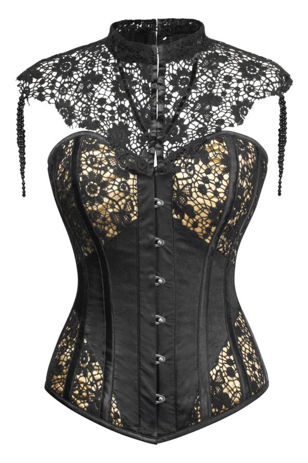 Black Cotton Overbust Corset with Shoulders and Collar: Shape Your Elegant Silhouette Discover the timeless sophistication of our Black Cotton Overbust Corset, designed to deliver a 5cm waist reduction for a refined hourglass figure. This regular-length overbust corset features ribbon lacing, a steel busk, and unique shoulders and collar details, blending classic corsetry with modern elegance. Crafted from 100% cotton with an 85% polyester, 15% cotton twill lining, this corset is perfect for waist training, special occasions, or bold fashion statements, offering breathability and comfort in a striking black hue. Why Choose Our Black Overbust Corset? This black corset combines intricate design with practical functionality, making it ideal for gothic, vintage, or formal looks. The fully adjustable criss-cross ribbon lacing, strong waist tape, and lightweight steel bones ensure a tailored fit and lasting durability. With 6 suspender loops and 4 bra loops, plus the added shoulders and collar, this corset offers unmatched versatility and support, perfect for creating a polished, feminine ensemble. Key Features for Style and Comfort Breathable Cotton Construction Made from 100% cotton, this corset offers a soft, breathable exterior with a sleek black finish that exudes elegance. The natural fabric is gentle on the skin, while the 85% polyester, 15% cotton twill lining enhances comfort and durability, making it ideal for extended wear during events, cosplay, or daily styling. Unique Shoulders and Collar Design The shoulders and collar add a distinctive, regal touch, providing extra coverage and support while enhancing the corset’s vintage-inspired aesthetic. This feature makes it perfect for gothic fashion, steampunk outfits, or bridal wear, offering a structured yet comfortable fit. Gentle Waist Cinching Achieve a 5cm waist reduction with the support of 10 x 4mm lightweight spiral steel bones and 4 x 7mm lightweight flat steel bones. These bones provide a balance of flexibility and structure, gently sculpting your waist into a flattering hourglass shape. The strong waist tape reinforces the corset, ensuring durability through regular use. Fully Adjustable Ribbon Lacing The criss-cross ribbon lacing offers a fully customizable fit, allowing you to adjust the tightness to suit your comfort and shaping goals. The delicate yet durable ribbon lacing adds a feminine touch while being strong enough for consistent use, making it ideal for both occasional wear and waist training. Secure Steel Busk Closure A steel busk (35cm for sizes 6-10, 38cm for sizes 12-24) ensures a reliable, easy-to-use closure that creates a smooth, seamless appearance. The busk provides stability, keeping the corset securely in place. The rear modesty panel offers extra coverage, preventing skin irritation and enhancing comfort for a polished look. Suspender and Bra Loops for Versatility Equipped with 6 suspender loops and 4 bra loops, this corset allows you to pair it with stockings or secure undergarments for a complete, elegant ensemble. The loops are strategically placed for secure attachment, ensuring a cohesive look for vintage-inspired outfits or special events. Perfect for Waist Training and Fashion This overbust corset is designed for gentle waist training, offering a comfortable 5cm waist reduction for beginners or those seeking subtle shaping. The lightweight steel bones and adjustable ribbon lacing provide a supportive yet flexible fit, while the shoulders and collar add a unique flair. Whether for waist training, cosplay, or fashion, this corset delivers effortless style and comfort. How to Style Your Black Cotton Corset Pair this black overbust corset with a flowing skirt or tailored trousers for a glamorous evening look, or wear it over a lace blouse for a vintage-inspired outfit. Its shoulders and collar make it a standout for gothic fashion, steampunk costumes, or burlesque styles. Use the suspender loops to add stockings or the bra loops for a secure, polished appearance, perfect for weddings, parties, or themed events. Care Instructions for Longevity To maintain the beauty of your cotton corset, gently spot clean with a damp cloth and mild detergent. Avoid machine washing to protect the lightweight steel bones and **polyester