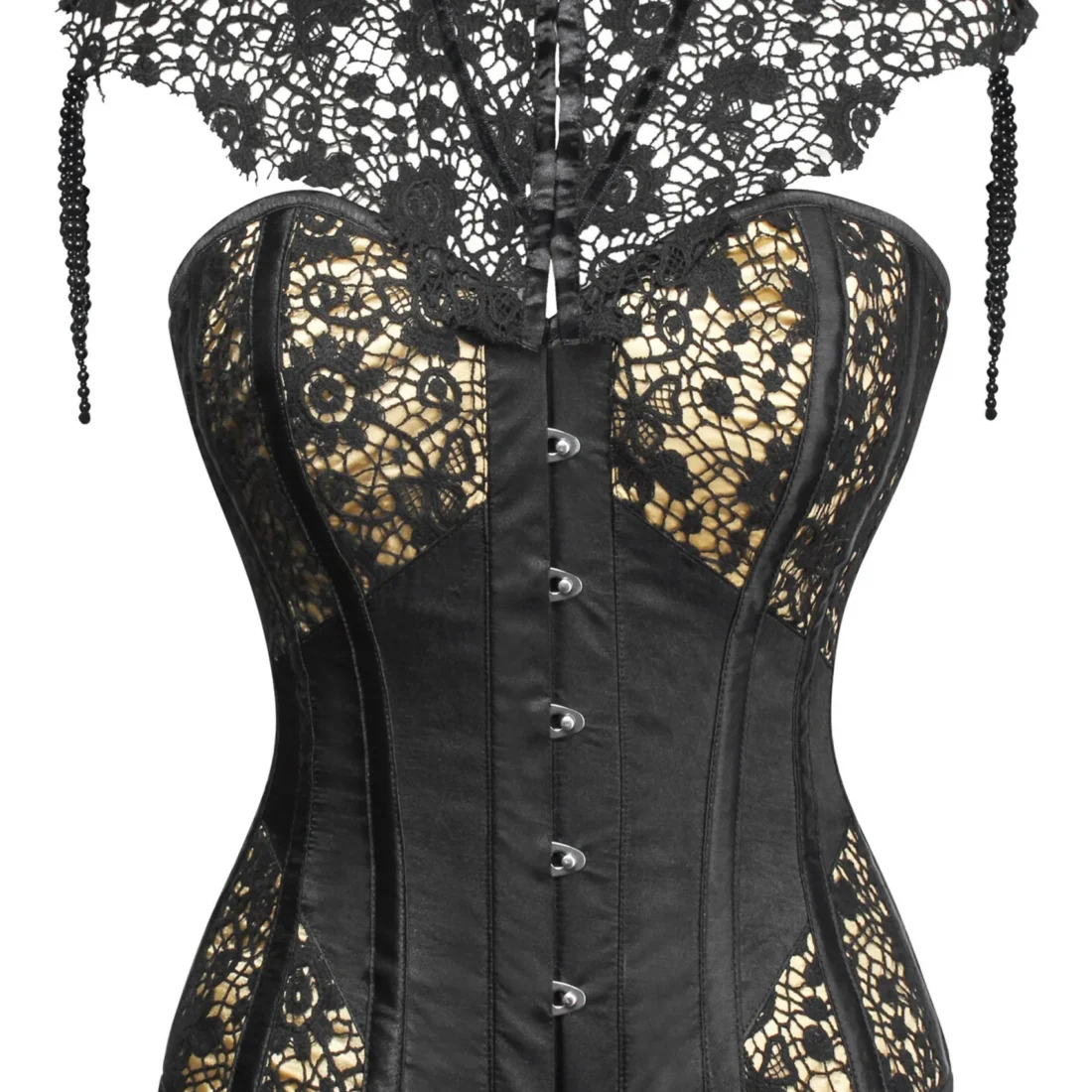 Black Cotton Overbust Corset with Shoulders and Collar: Shape Your Elegant Silhouette Discover the timeless sophistication of our Black Cotton Overbust Corset, designed to deliver a 5cm waist reduction for a refined hourglass figure. This regular-length overbust corset features ribbon lacing, a steel busk, and unique shoulders and collar details, blending classic corsetry with modern elegance. Crafted from 100% cotton with an 85% polyester, 15% cotton twill lining, this corset is perfect for waist training, special occasions, or bold fashion statements, offering breathability and comfort in a striking black hue. Why Choose Our Black Overbust Corset? This black corset combines intricate design with practical functionality, making it ideal for gothic, vintage, or formal looks. The fully adjustable criss-cross ribbon lacing, strong waist tape, and lightweight steel bones ensure a tailored fit and lasting durability. With 6 suspender loops and 4 bra loops, plus the added shoulders and collar, this corset offers unmatched versatility and support, perfect for creating a polished, feminine ensemble. Key Features for Style and Comfort Breathable Cotton Construction Made from 100% cotton, this corset offers a soft, breathable exterior with a sleek black finish that exudes elegance. The natural fabric is gentle on the skin, while the 85% polyester, 15% cotton twill lining enhances comfort and durability, making it ideal for extended wear during events, cosplay, or daily styling. Unique Shoulders and Collar Design The shoulders and collar add a distinctive, regal touch, providing extra coverage and support while enhancing the corset’s vintage-inspired aesthetic. This feature makes it perfect for gothic fashion, steampunk outfits, or bridal wear, offering a structured yet comfortable fit. Gentle Waist Cinching Achieve a 5cm waist reduction with the support of 10 x 4mm lightweight spiral steel bones and 4 x 7mm lightweight flat steel bones. These bones provide a balance of flexibility and structure, gently sculpting your waist into a flattering hourglass shape. The strong waist tape reinforces the corset, ensuring durability through regular use. Fully Adjustable Ribbon Lacing The criss-cross ribbon lacing offers a fully customizable fit, allowing you to adjust the tightness to suit your comfort and shaping goals. The delicate yet durable ribbon lacing adds a feminine touch while being strong enough for consistent use, making it ideal for both occasional wear and waist training. Secure Steel Busk Closure A steel busk (35cm for sizes 6-10, 38cm for sizes 12-24) ensures a reliable, easy-to-use closure that creates a smooth, seamless appearance. The busk provides stability, keeping the corset securely in place. The rear modesty panel offers extra coverage, preventing skin irritation and enhancing comfort for a polished look. Suspender and Bra Loops for Versatility Equipped with 6 suspender loops and 4 bra loops, this corset allows you to pair it with stockings or secure undergarments for a complete, elegant ensemble. The loops are strategically placed for secure attachment, ensuring a cohesive look for vintage-inspired outfits or special events. Perfect for Waist Training and Fashion This overbust corset is designed for gentle waist training, offering a comfortable 5cm waist reduction for beginners or those seeking subtle shaping. The lightweight steel bones and adjustable ribbon lacing provide a supportive yet flexible fit, while the shoulders and collar add a unique flair. Whether for waist training, cosplay, or fashion, this corset delivers effortless style and comfort. How to Style Your Black Cotton Corset Pair this black overbust corset with a flowing skirt or tailored trousers for a glamorous evening look, or wear it over a lace blouse for a vintage-inspired outfit. Its shoulders and collar make it a standout for gothic fashion, steampunk costumes, or burlesque styles. Use the suspender loops to add stockings or the bra loops for a secure, polished appearance, perfect for weddings, parties, or themed events. Care Instructions for Longevity To maintain the beauty of your cotton corset, gently spot clean with a damp cloth and mild detergent. Avoid machine washing to protect the lightweight steel bones and **polyester