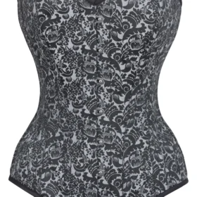Long Silver Brocade Pattern Gothic Corset With Hip Gores curvycorset.com