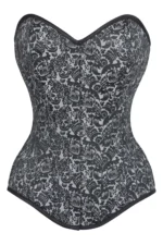 Long Silver Brocade Pattern Gothic Corset With Hip Gores curvycorset.com