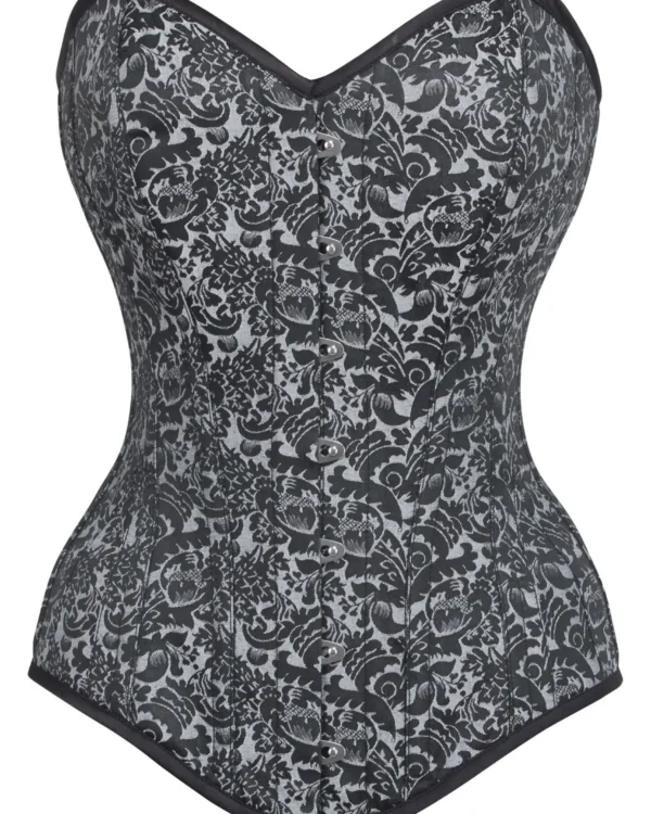Long Silver Brocade Pattern Gothic Corset With Hip Gores curvycorset.com