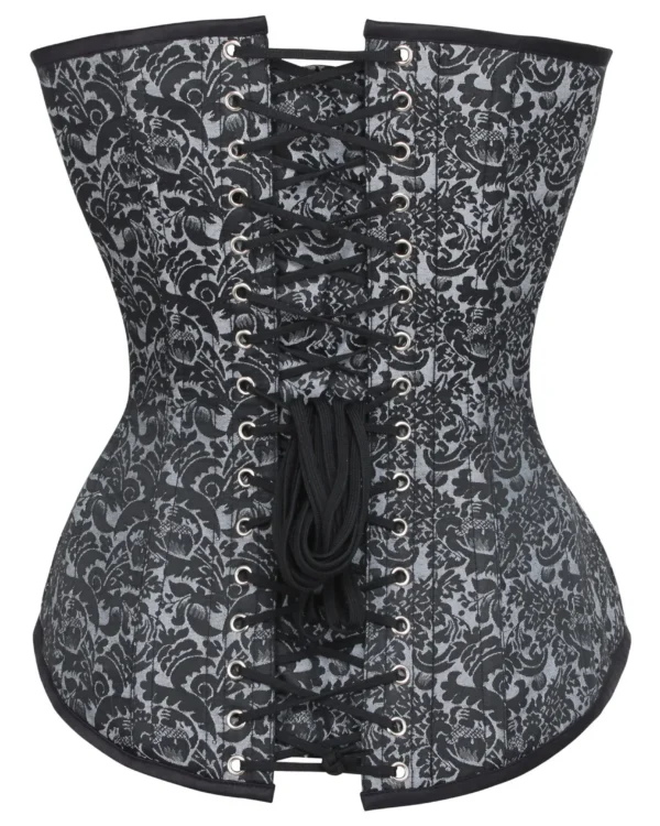 Long Silver Brocade Pattern Gothic Corset With Hip Gores curvycorset.com