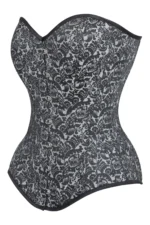 Long Silver Brocade Pattern Gothic Corset With Hip Gores curvycorset.com