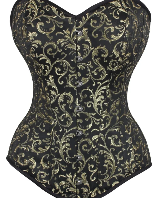 Long Gold Brocade Pattern Gothic Corset With Hip Gores curvycorset.com